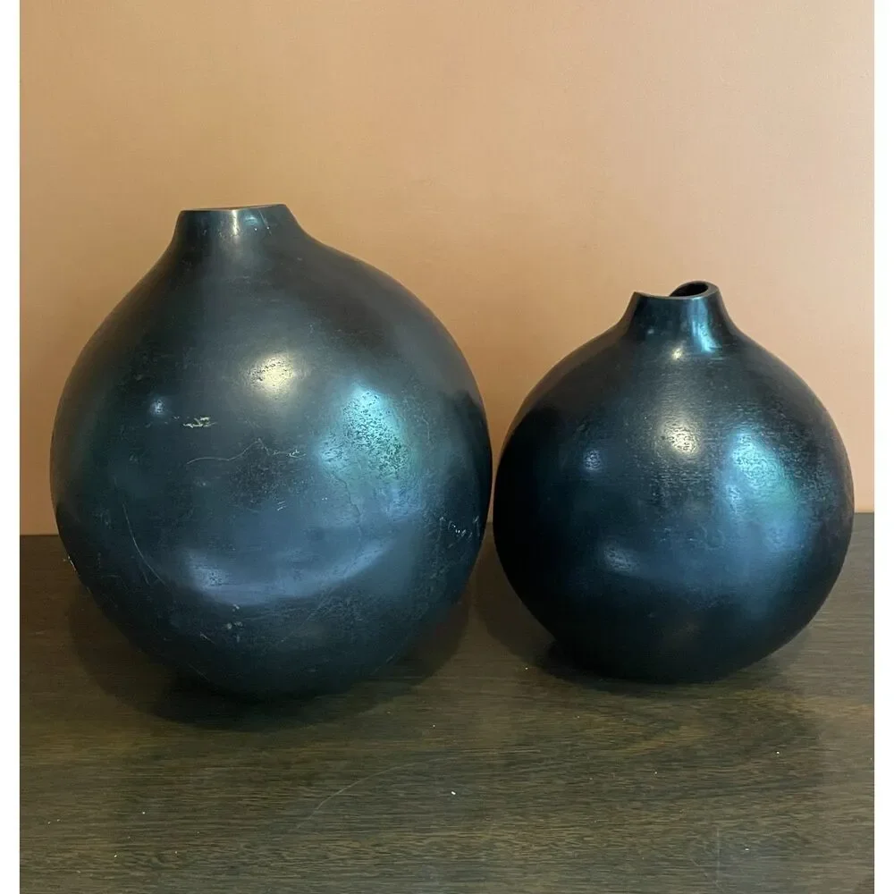 Handcrafted Metal Vase 2 | Black Sculptural Round Vases | Modern Home Decor